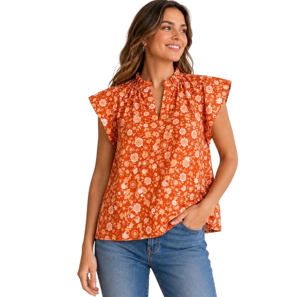 NWT Never A Wallflower Ruffle Neck Floral Blouse Orange Short Sleeve Top Large